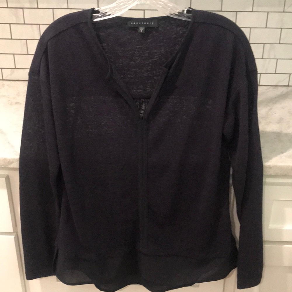 Sanctuary Black Top Womens Small Slightly Sheer Long Sleeve Deep V Neck - Picture 1 of 8